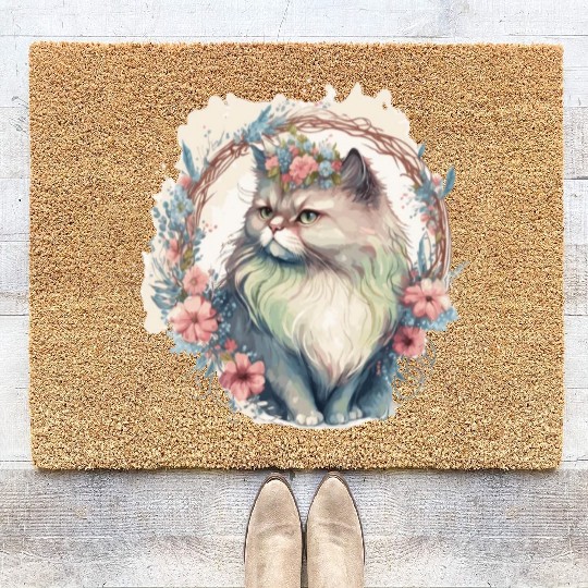 Cute Persian Cat Flower Crown Cats Pet Kitten Coir Doormats