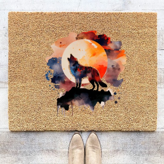 Wolf Howling at Moon Watercolor Coir Doormats