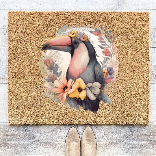 Artistic Toucan Tropical Bird Flower Crown Pet Bir Coir Doormats
