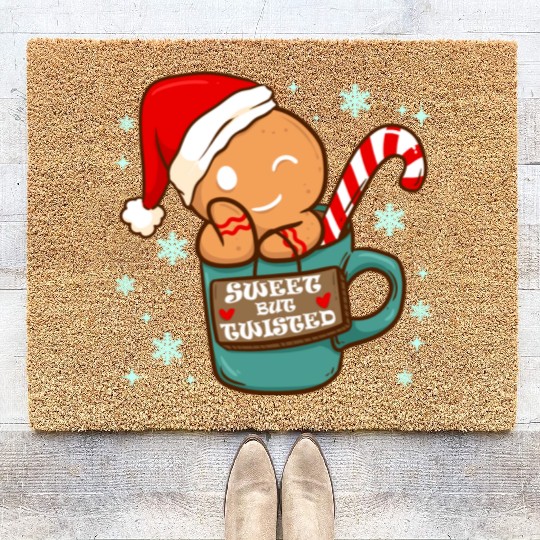 Sweet But Twisted Christmas Candy Cane Gingerbread Coir Doormats