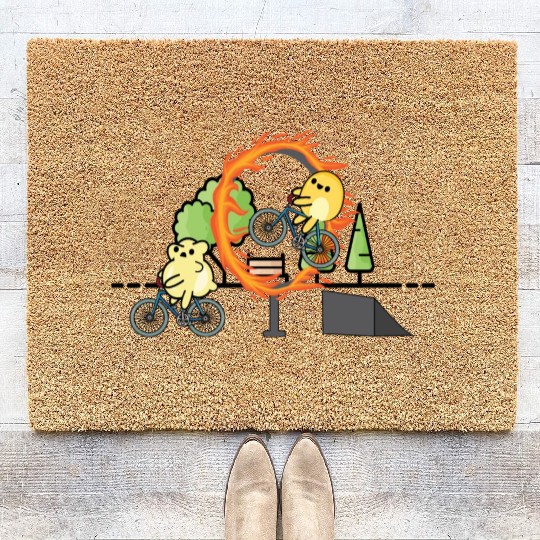 Cute popcorn doing stunts with bicycle Coir Doormats