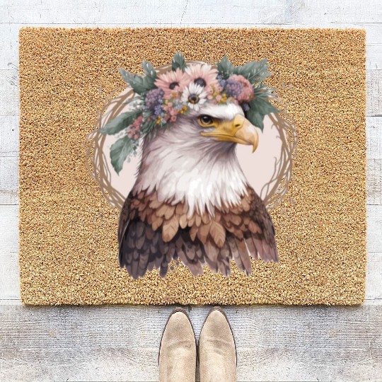 Watercolor Bald Eagle Flower Crown Floral Bird Wat Coir Doormats