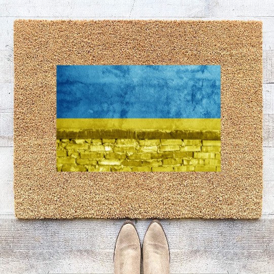 Brick wall with Ukraine flag Coir Doormats