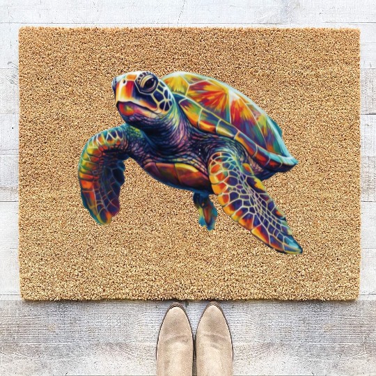 Colorful underwater sea turtle dreamlike beautiful Coir Doormats