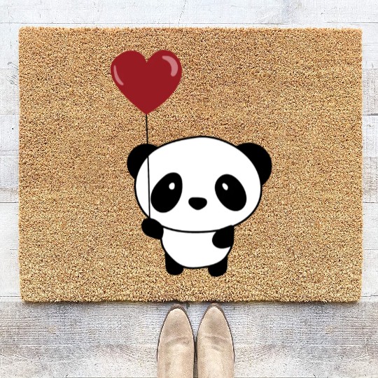 Cute Chibi Panda Valentine Balloon Heart Coir Doormats
