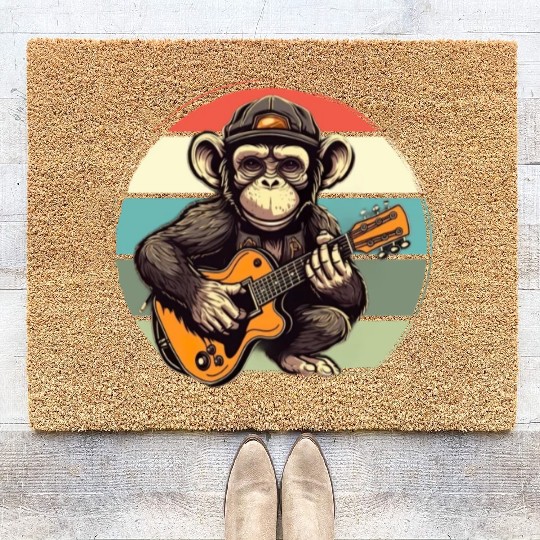 Monkey Chimpanzee Playing Acousitc Rock Guitar Coir Doormats
