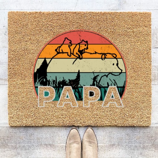 Papa Bear With Cubs Retro Grizzly Bear Forest Tree Coir Doormats