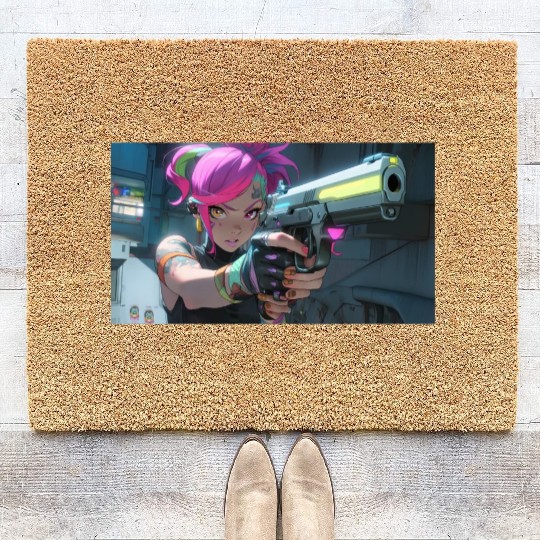 Cyber Sakura: Neon Guardian Coir Doormats