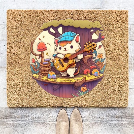 Cute Kawaii Cat Playing Guitar Banjo On Log Coir Doormats