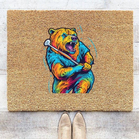 Golfer Grizzly Bear Golf Club Golfing Golf Player Coir Doormats