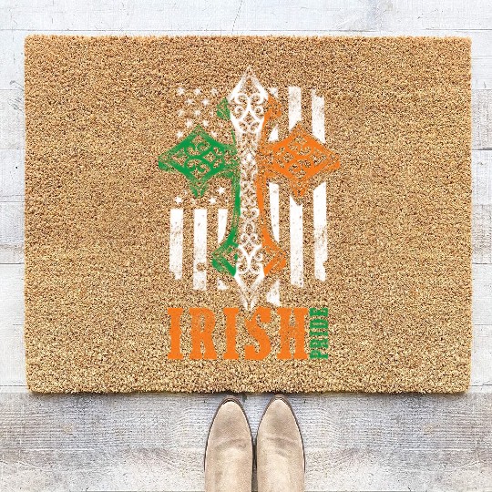 Irish American Flag Celtic Cross Coir Doormats