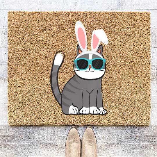 Happy Easter Cat With Bunny Ears And Glasses Coir Doormats