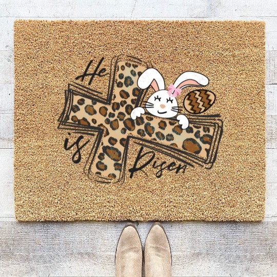 Happy Easter He Is Risen Jesus Cross Easter Bunny Coir Doormats
