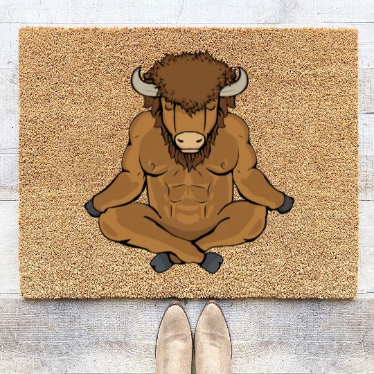 Meditating Buffalo Yoga Lover Men Bison Gift Coir Doormats