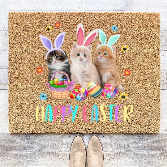 Happy Easter Three Cat Wearing Bunny Ear Kitty Coir Doormats