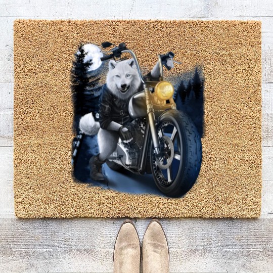 Wolf Riding Chopper Motorcycle In Full Moon Coir Doormats