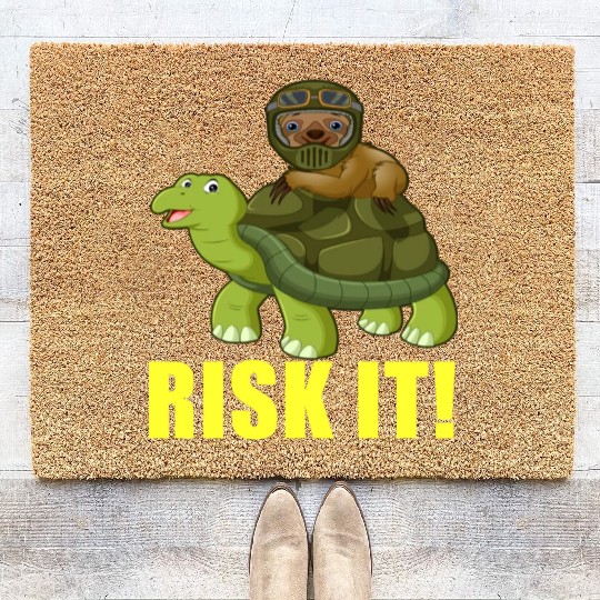 Funny Sloth Racing On Turtle Risk It trending Coir Doormats