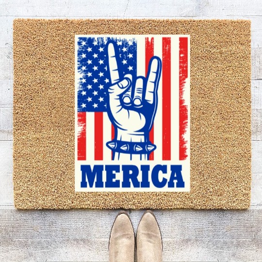 Merica Rock Usa Flag July 4th Coir Doormats
