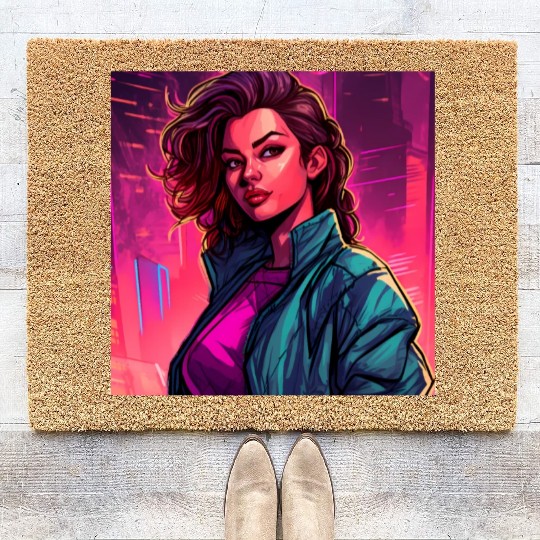 Synthwave City Bloom - Neon Pink Cityscape Coir Doormats