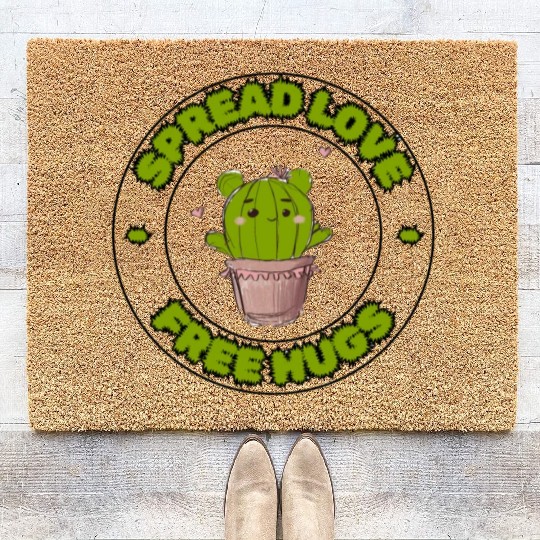 Spread Love Free Hugs Funny Cactus in a Pot Coir Doormats