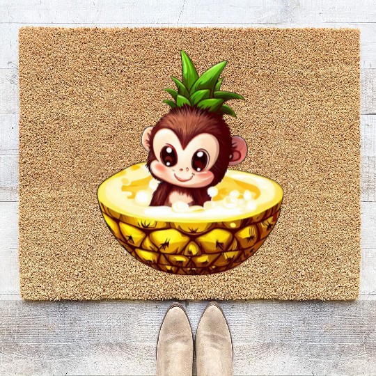 Monkey Chimpanzee with Pineapple, Funny Tropical Coir Doormats