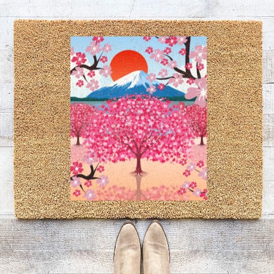 Sunset Sakura Mountains Gift Cherry Blossoms Coir Doormats