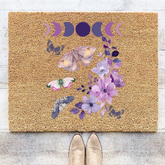 Violet Purple Moon Moth Flower Coir Doormats