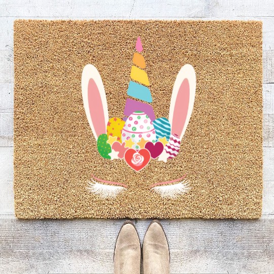 Happy Easter Unicorn Bunny Ears Eggs Hunter Coir Doormats
