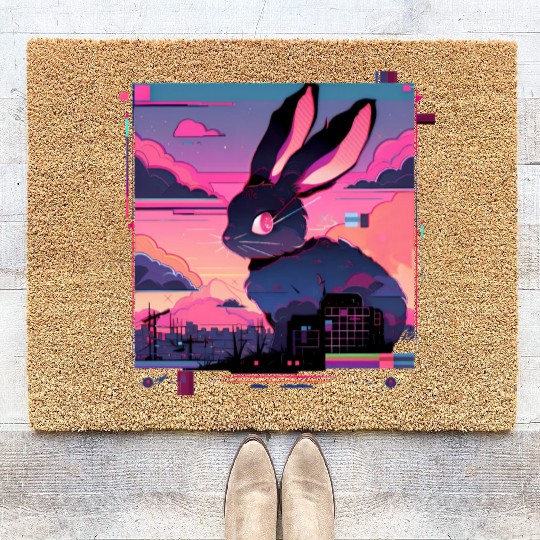 Synthwave Rabbit Cyber Bunny Retro Coir Doormats