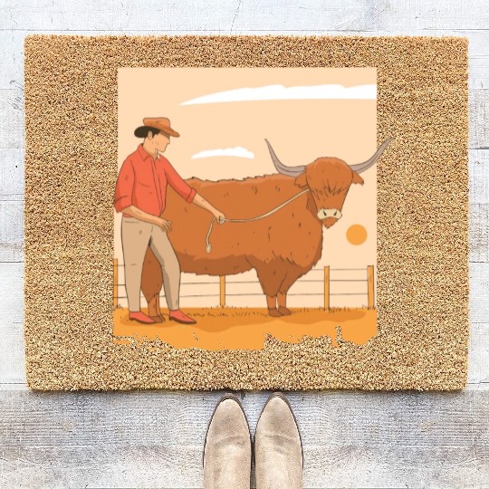 Farmer With Highland Cow Coir Doormats