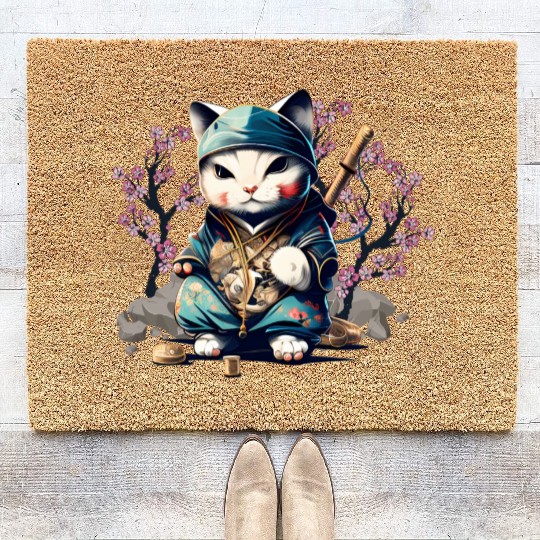 Samurai Cat Anime Kawaii Japanese Style Coir Doormats