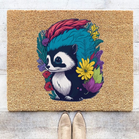 Cute Skunk Punk with Flowers Coir Doormats