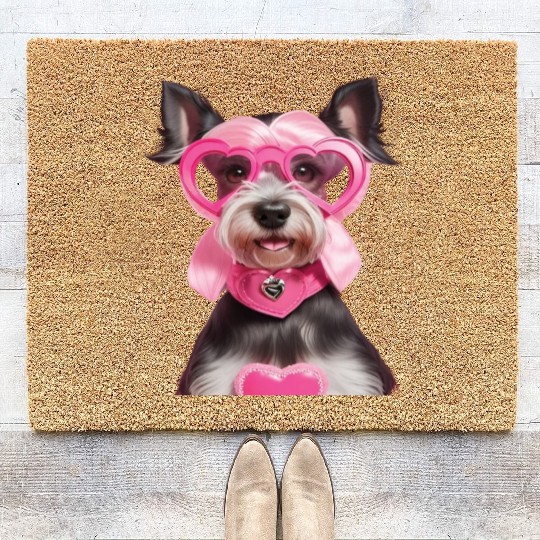 Schnauzer wearing Pink & Silver Heart Coir Doormats