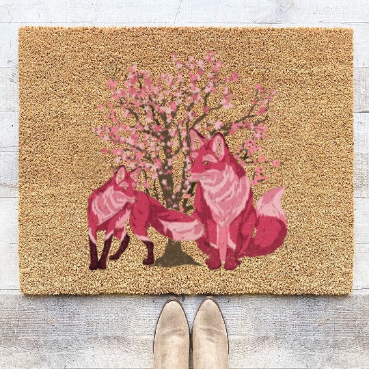 Cherry blossom tree forest animal gift sakura fox Coir Doormats
