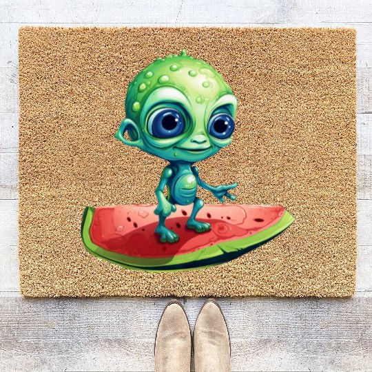 Green Alien Meets Watermelon: Exotic Encounter Coir Doormats
