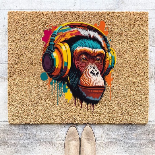 Chimpanzee Wearing Headphone Coir Doormats