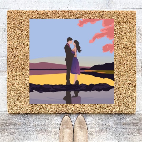 Romantic couple dance with sakura flowers Coir Doormats