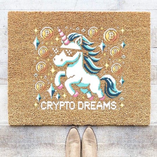 Crypto Dreams - 8-bit Unicorn Amidst Digital Coins Coir Doormats