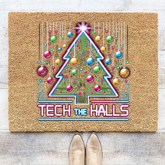 Tech the Halls - Christmas Tree in 8-bit Neon Coir Doormats
