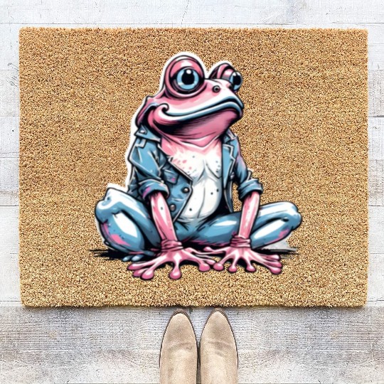 Cute pink frog with denim Coir Doormats