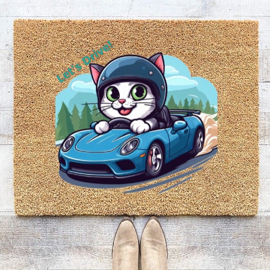 Playful Cat Racing Helmet Coir Doormats