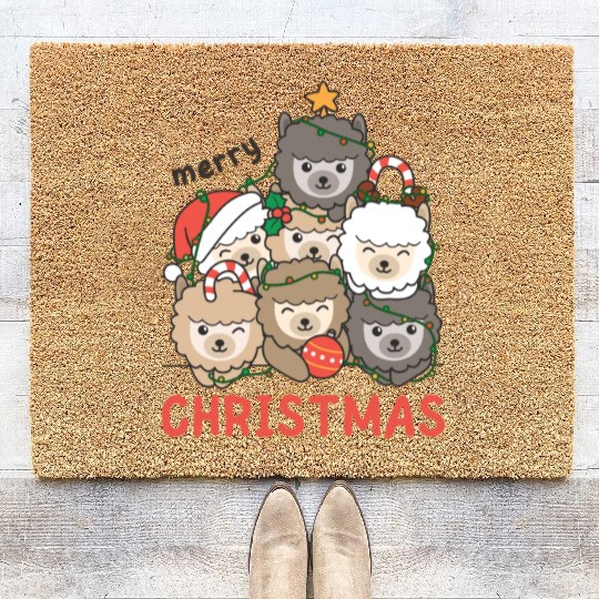 Alpaca Christmas Tree Merry Christmas Coir Doormats