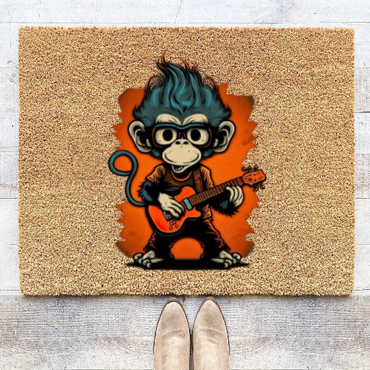 Monkey Chimpanzee Playing Acousitc Rock Guitar Coir Doormats