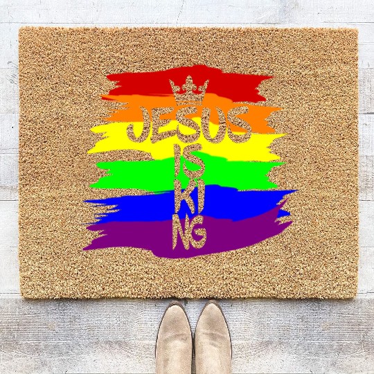 Queer Jesus is King Cross Crown Rainbow Colors Coir Doormats