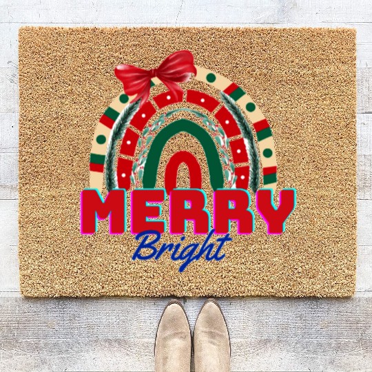 Merry and bright, rainbow art Coir Doormats