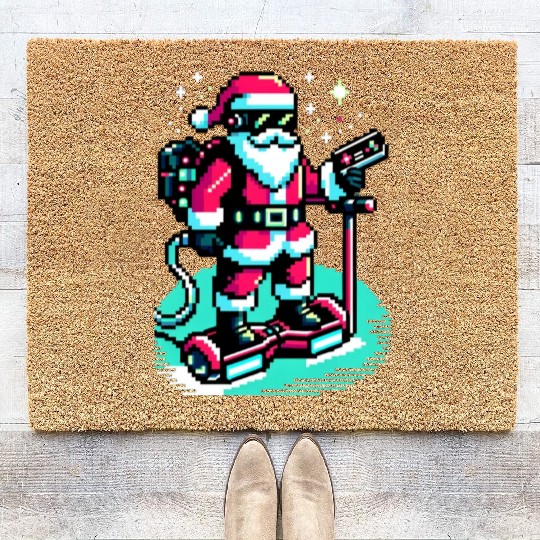 Witty 8-Bit Cyberpunk Santa Coir Doormats