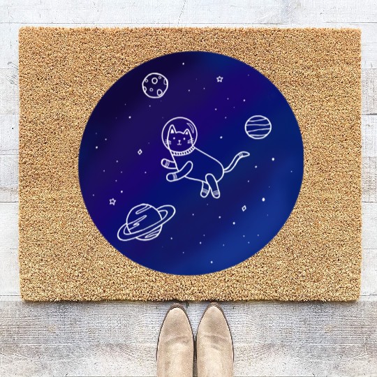 Doodle-Style Hand Drawn Space Cat Coir Doormats