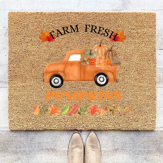 FARM FRESH pumpkins thanksgiving fall design Coir Doormats