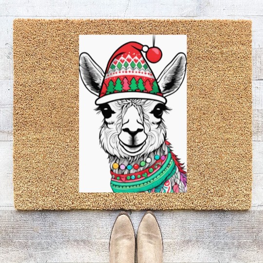 Cute Llama with Christmas Hat Coir Doormats