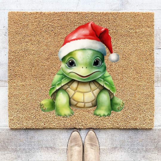 cute green sea turtle wearing a Santa hat Coir Doormats